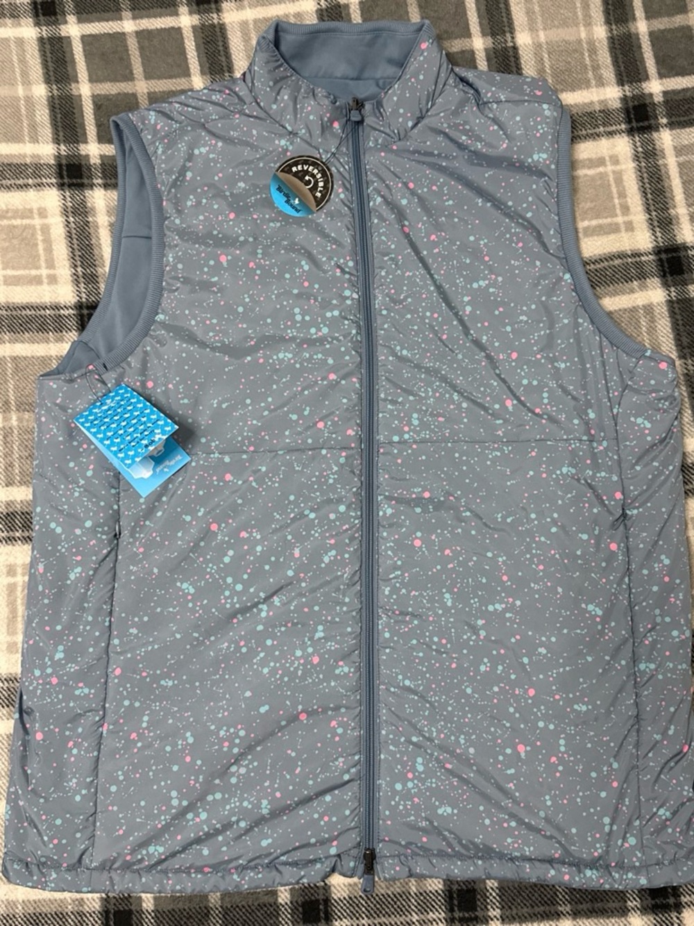 Birdie Bound Reversible Softshell Golf Vest Blue Splatter Full Zip Mens XL NWT